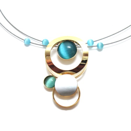Shiny Two-tone Crono Design Bright Blue Circles Necklace - Click Image to Close